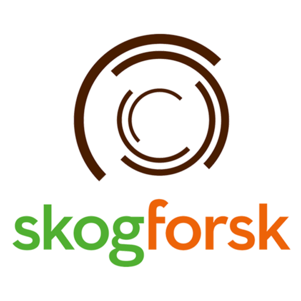 Logotyp med bruna, koncentriska cirkelbågar som bildar ett abstrakt ringmönster ovanför texten ”skogforsk”, där ”skog” är grön och ”forsk” orange, mot vit bakgrund.