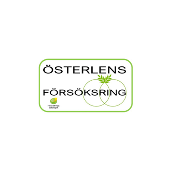 Logotyp med texten ”ÖSTERLENS FÖRSÖKSRING” i en grönramad ruta; två överlappande gröna cirklar med en grön växtsymbol ovanpå. Liten symbol och text ”Hushållningssällskapet” längst ned till vänster.