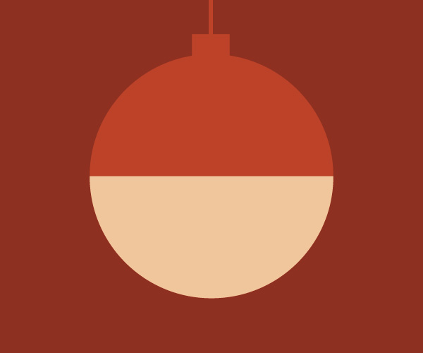 Stiliserad julkula hänger från en tunn tråd och dominerar bilden. Den är delad horisontellt med röd ovandel och ljus beige underdel, mot en jämnt mörkröd bakgrund utan text eller detaljer.