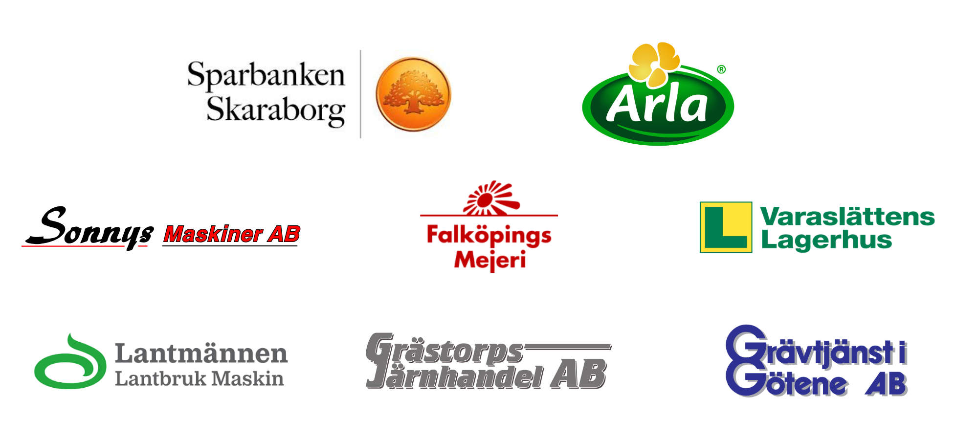 Loggor för flera företag visas i en collagebild på svart bakgrund: “Sparbanken Skaraborg”, “Arla”, “Sonnys Maskiner AB”, “Falköpings Mejeri”, “Varaslättens Lagerhus”, “Lantmännen Lantbruk Maskin”, “Grästorp Järnhandel AB” och “Grävtjänst i Götene AB”.