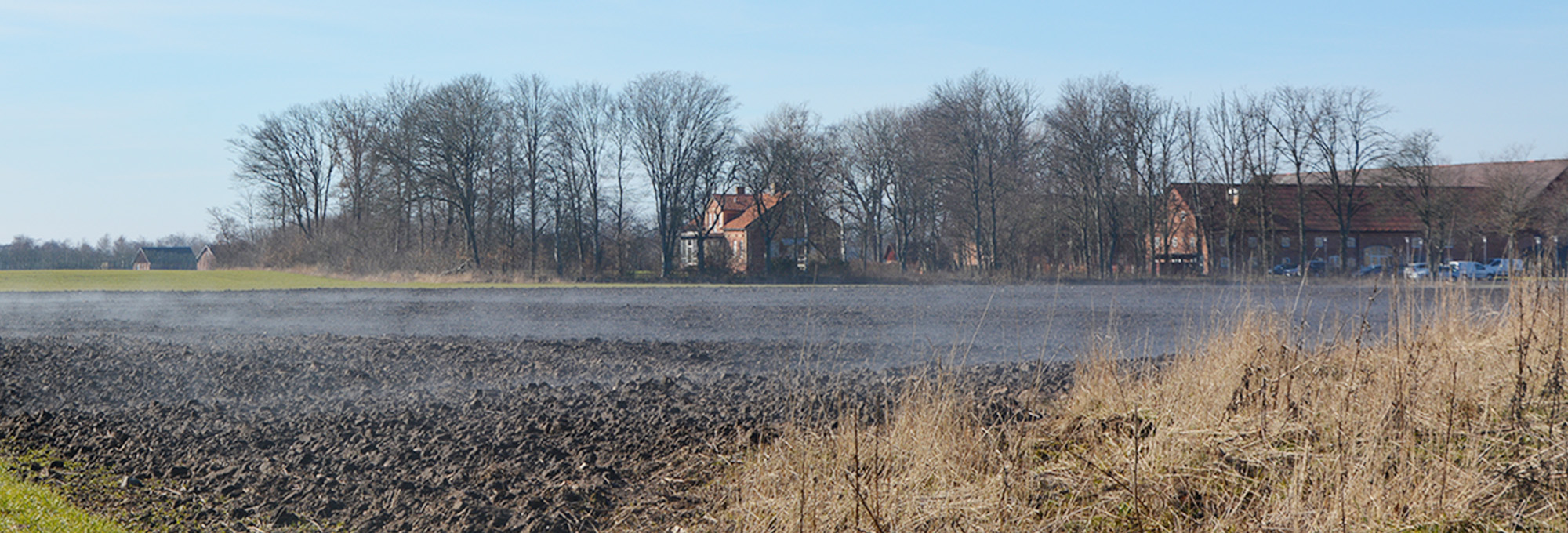 Plöjd åker ligger i förgrunden medan en tunn dimma sveper över fältet. I bakgrunden syns en rad lövfria träd och röda gårdsbyggnader under klar blå himmel, med torrt gräs i kanten.