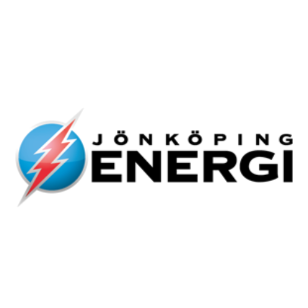 Jönköping Energis logotyp visar en blå cirkel med en röd blixt och texten ”JÖNKÖPING ENERGI” i svart, där ”ENERGI” är extra stor, mot vit bakgrund.