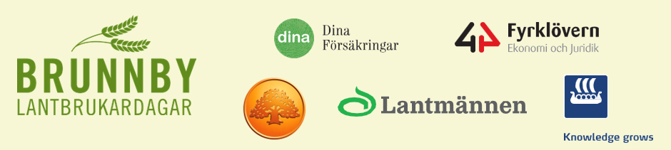 Loggor för arrangörer av Brunnby Lantbrukardagar visas på ljus bakgrund: ”BRUNNBY LANTBRUKARDAGAR”, Dina Försäkringar, Fyrklövern Ekonomi och Juridik, Lantmännen, LRF-ikon samt Knowledge grows.