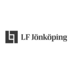 Logotyp för LF Jönköping visas centrerad på vit bakgrund, med ett svart geometriskt symbolmärke till vänster och texten “LF Jönköping” i grå serifstil till höger.