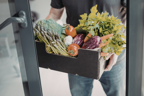 Person bär in en kartong med färska grönsaker genom en dörr, med sparris, broccoli, tomater, aubergine, morötter, vitlök och selleriblommor synliga, som vid leverans eller försäljning av grönsaker.