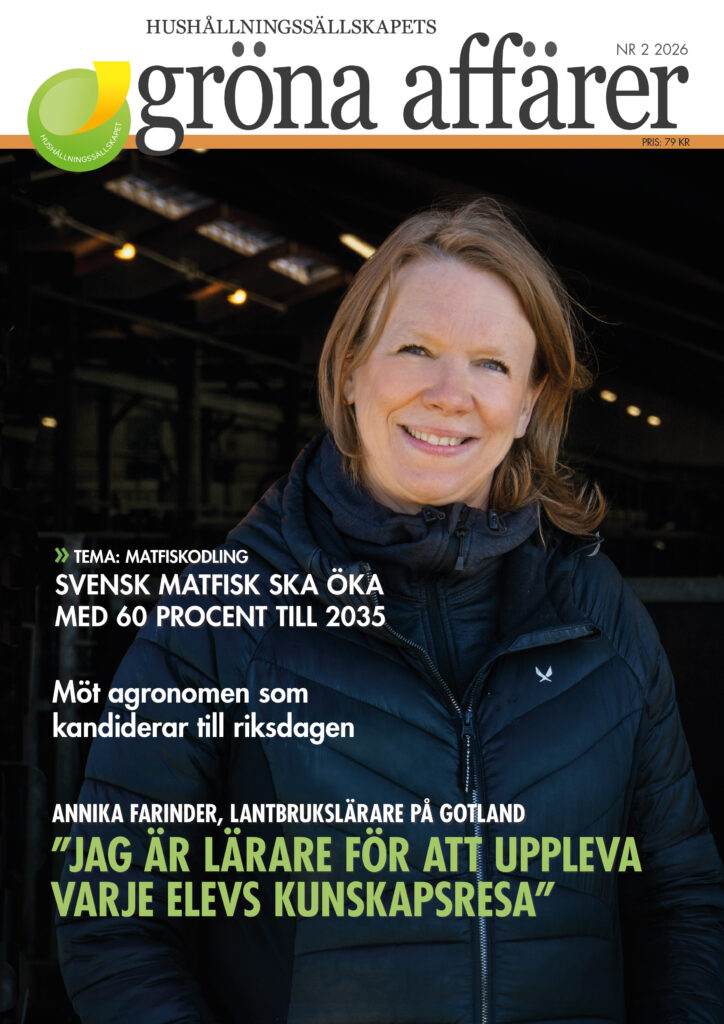 Leende kvinna i mörk vadderad jacka står framför en ladugårds- eller industrimiljö. Omslagstext: “Hushållningssällskapets gröna affärer”, “NR 2 2026”, “PRIS: 79 KR”, “TEMA: MATFISKODLING”, “SVENSK MATFISK SKA ÖKA MED 60 PROCENT TILL 2035”, “Möt agronomen som kandiderar till riksdagen”, “ANNIKA FARINDER, LANTBRUKSLÄRARE PÅ GOTLAND”, “JAG ÄR LÄRARE FÖR ATT UPPLEVA VARJE ELEVS KUNSKAPSRESA”.