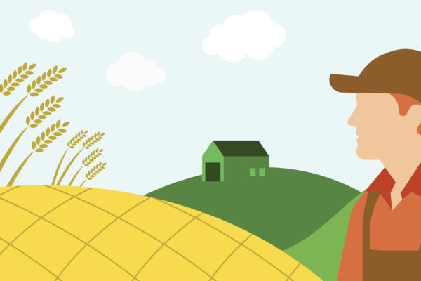 Illustrerad lantbrukare i keps tittar ut över ett gult vetefält med ax i förgrunden. I bakgrunden syns gröna kullar, en liten grön ladugård och några vita moln på ljusblå himmel.