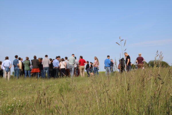 Grupp människor står samlade och samtalar på en gräsbevuxen äng, fotograferade på avstånd med höga grässtrån i förgrunden. Klarblå himmel och öppet landskap ger känsla av utomhusaktivitet eller rundvandring.