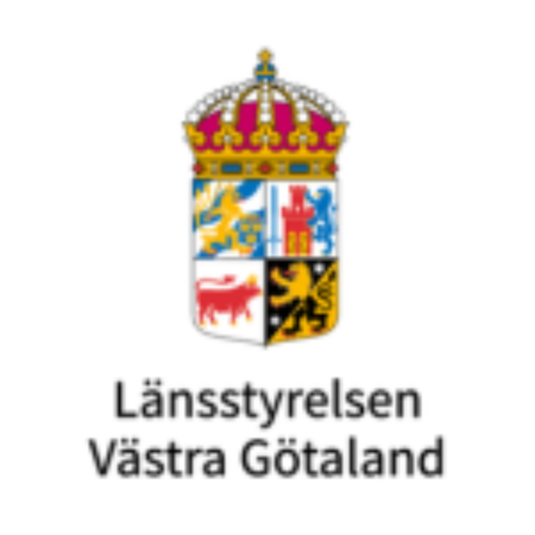 Länsstyrelsen Västra Götalands logotyp med en kunglig krona och en fyrdelad vapensköld i färg ovanför texten ”Länsstyrelsen Västra Götaland”, placerad centralt på vit bakgrund.