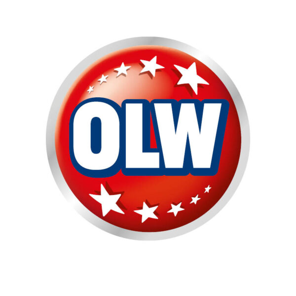 Rund röd logotyp med vit kant visar texten “OLW” i vita versaler med blå kontur, omgiven av flera vita stjärnor i en ring mot röd gradientbakgrund.