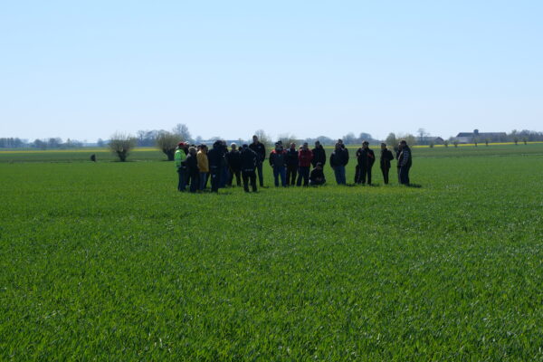En grupp personer står samlade och samtalar i mitten av en grön åker, några med reflexväst och varma jackor. Runt dem breder öppna fält ut sig med träd och gårdsbyggnader i fjärran under klar blå himmel.