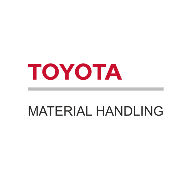 Toyota Material Handling-logotyp med röd texten ”TOYOTA” över en tunn grå linje och svart texten ”MATERIAL HANDLING” på vit bakgrund, centrerad och minimalistisk utformning.