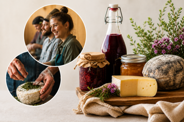 Hemgjorda delikatesser ligger på ett träbräde: ost, marmelad, inläggning och flaska med mörk saft, omgivna av örter och blommor. I två cirklar syns en leende person och händer som kryddar en färskost.