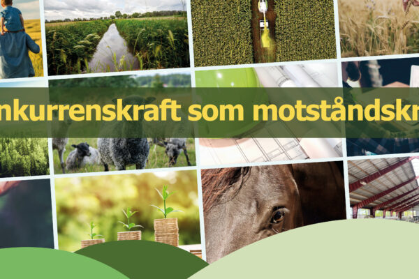 Kollage med jordbruks- och landsbygdsbilder – barn på axlar i fält, kanal mellan grödor, traktor ovanifrån, får, plantor och mynt, häst och ladugård – med överlagrad text: ”Konkurrenskraft som motståndskraft”.