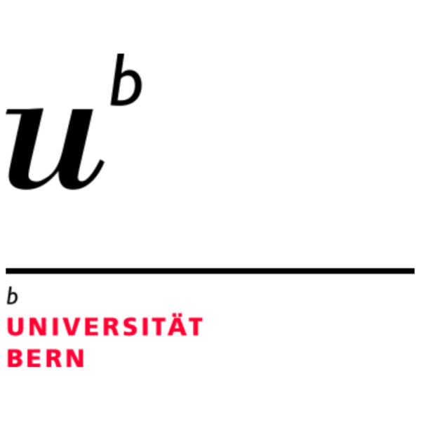Stiliserad universitetslogotyp visar ett svart kursivt ”u” med en liten upphöjd bokstav ”b”. Under en tunn horisontell linje står texten ”b UNIVERSITÄT BERN” i rött på vit bakgrund.