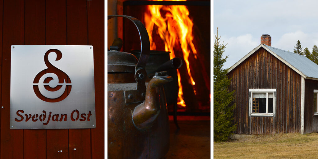Tre bilder visar en skylt med texten ”Svedjan Ost”, en sotig kaffepanna som värms framför en brinnande eld, samt en liten väderbiten trästuga med fönster och plåttak i lantlig miljö.