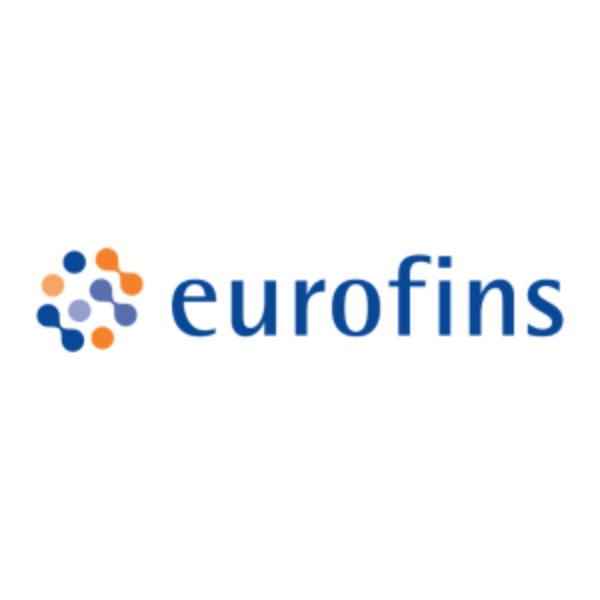 Eurofins-logotyp med ordet ”eurofins” i blå text, bredvid en cirkelformad symbol av små blå och orange prickar som bildar en stiliserad ring på vit bakgrund.