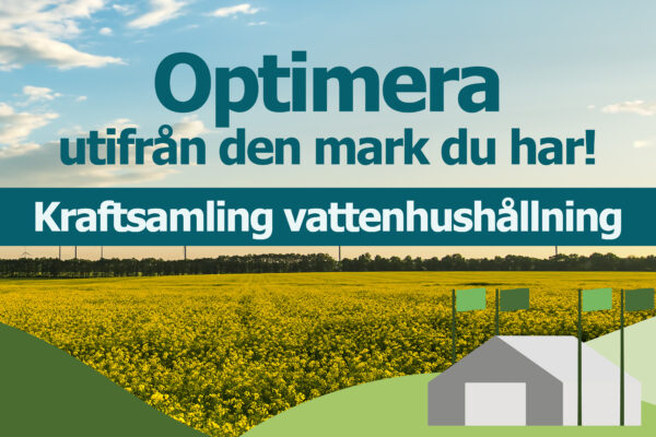 Texten “Optimera utifrån den mark du har! Kraftsamling vattenhushållning” visas över en solig vy av ett gult blommande fält med trädlinje och vindkraftverk i bakgrunden, samt en illustrerad gårdsbyggnad med flaggor längst ned.