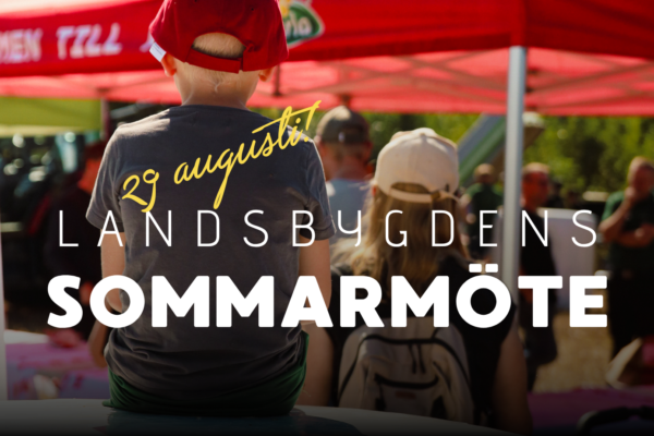 Barn med röd keps sitter med ryggen mot kameran och tittar mot en folksamling under röda tält på ett sommarevent. Över bilden står texten: ”29 augusti! LANDSBYGDENS SOMMARMÖTE”.