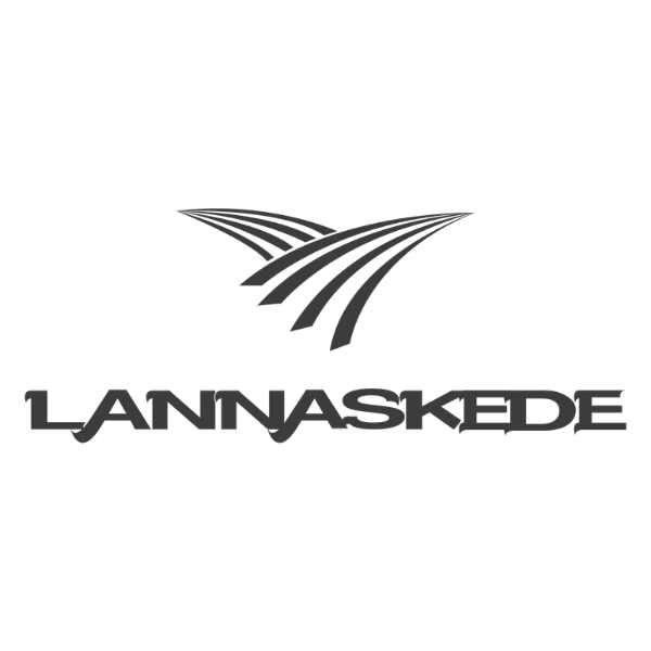 Stylized Länna Skede logo displays three curved, layered lines resembling road lanes or wings above the word “LÄNNASKEDE,” centered in dark gray on a black background, suggesting a transport or infrastructure theme.