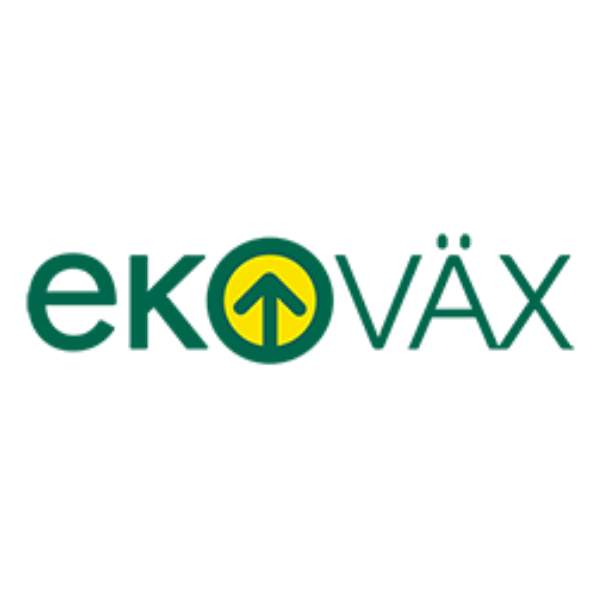 Green “ekoväx” logo with the “o” replaced by a yellow circle containing a green upward arrow, displayed on a black background; the “ä” includes two diacritics above it.