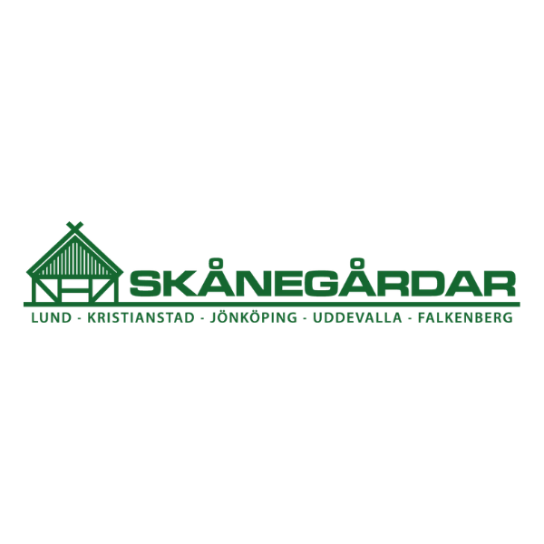 Green Skånegårdar logo with a stylized barn icon, displaying the text “SKÅNEGÅRDAR” and the locations “LUND - KRISTIANSTAD - JÖNKÖPING - UDDEVALLA - FALKENBERG” on a black background.