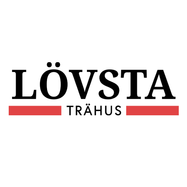 Company logo displays the text “LÖVSTA” in large black serif letters, with “TRÄHUS” centered below, separated by red horizontal bars on a white strip, set against a solid black background.