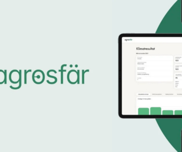 Agrosfär logo on a pale green background sits beside a tablet mockup displaying a dashboard titled “Klimatresultat,” with charts, numeric tiles, and green bar graphs, suggesting a digital tool for tracking climate results.
