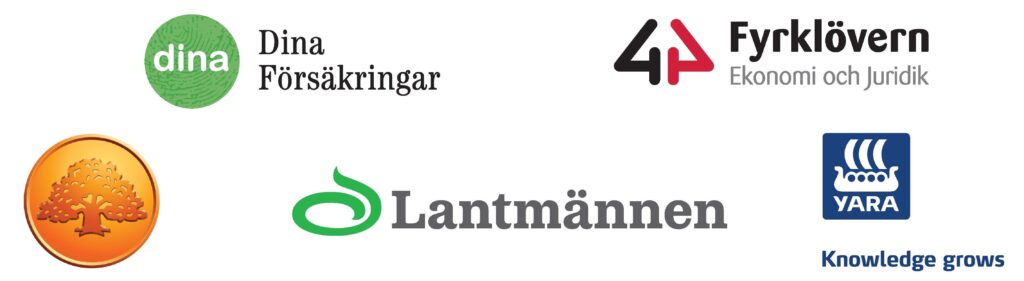 Collage of partner logos displayed on a white background: “dina” and “Dina Försäkringar”, “Fyrklövern Ekonomi och Juridik”, “Lantmännen”, “YARA”, “Knowledge grows”, and an orange circular emblem with a tree.