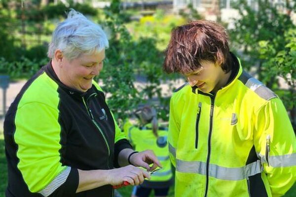Två personer i fluorescerande arbetskläder granskar ett föremål i händerna och pratar. De står i en grön parkträdgård med buskar och ett växthus i bakgrunden, medan en tredje person syns suddigt längre bort.