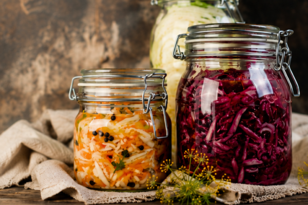 Two clamp-lid glass jars of fermented vegetables sit on a rustic cloth: one filled with shredded carrot and cabbage with peppercorns, the other with shredded red cabbage, with whole cabbages and dill flowers in the background.