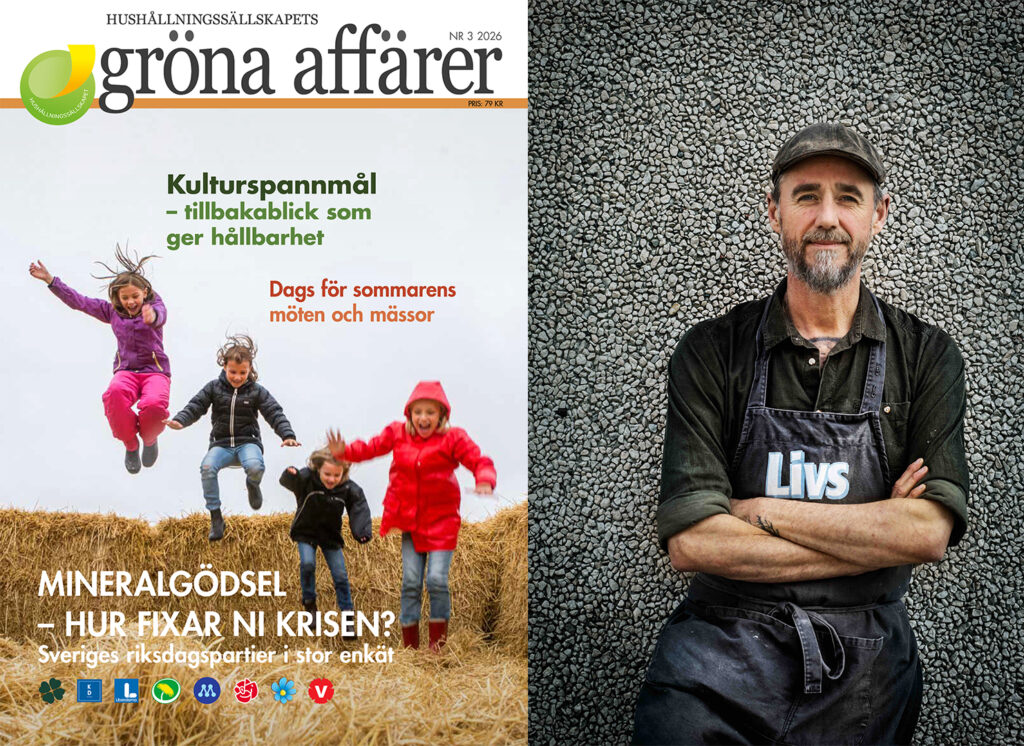 Framsidan av Gröna Affärer nr 3 2026 där barn hoppar bland hö och en bild på bagaren Sébastien Boudet