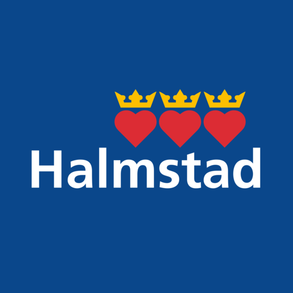 Halmstad municipality logo displays three red hearts topped with yellow crowns above the word “Halmstad” in large white letters, centered on a solid dark blue background.
