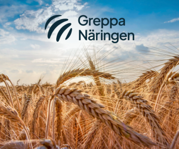 Golden wheat heads bend and sway in a sunlit field, their long awns catching the light beneath a blue sky with clouds; logo text at top reads “Greppa Näringen.”