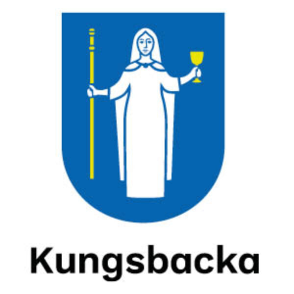 Kungsbacka municipality coat of arms shows a white-robed saint holding a yellow staff and a raised golden cup, centered on a blue shield. Below the emblem, bold black text reads “Kungsbacka.”