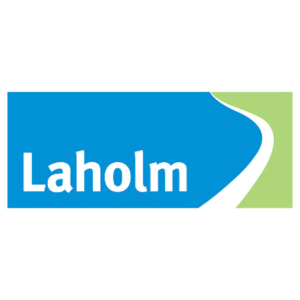 Blue-and-green graphic logo displays the word “Laholm” in white on a blue shape, alongside a curving white path that leads into a light green area, suggesting a road or river.