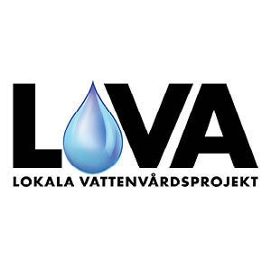 LOVA logo displays bold black letters “LOVA” with a blue water droplet forming the “O,” emphasizing water. Below, smaller text reads “LOKALA VATTENVÅRDSPROJEKT,” on a white background, suggesting a local water conservation project.