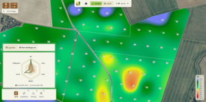 Soil pH heatmap map displays sampled values across agricultural fields, mostly green around 6.7–7.1 with yellow-to-red low areas (down to 5.9) and blue higher zones (up to 8.2). Interface shows “Analys,” “pH,” and “Spindeldiagram.”