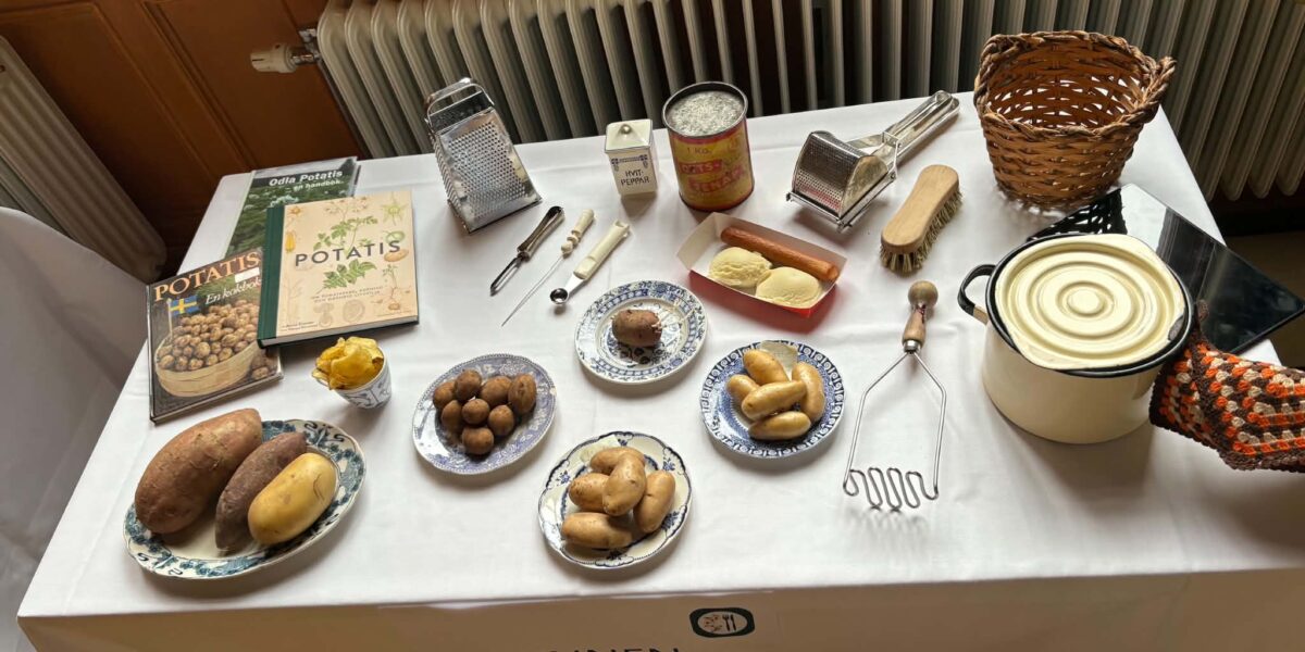 Table display presents potatoes and preparation tools, arranged like a small exhibit: plates of different potato varieties, cookbooks titled “POTATIS,” graters, peeler, potato masher, pot, basket, and seasonings labeled “HVIT PEPPAR.” Text on table front: “SINNEN.”