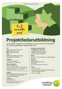 Poster for “Projektledarutbildning” shows two profile silhouettes facing upward steps with arrows. Text includes: “KUNSKAP FÖR LANDETS FRAMTID” and a note “2–3 november 2026”, with course details and Hushållningssällskapet branding.