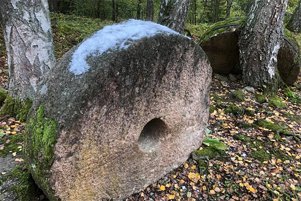 Large stone millstone with a central hole rests on a leaf-strewn forest floor, partly dusted with snow, while a second millstone leans between birch trees in the background.