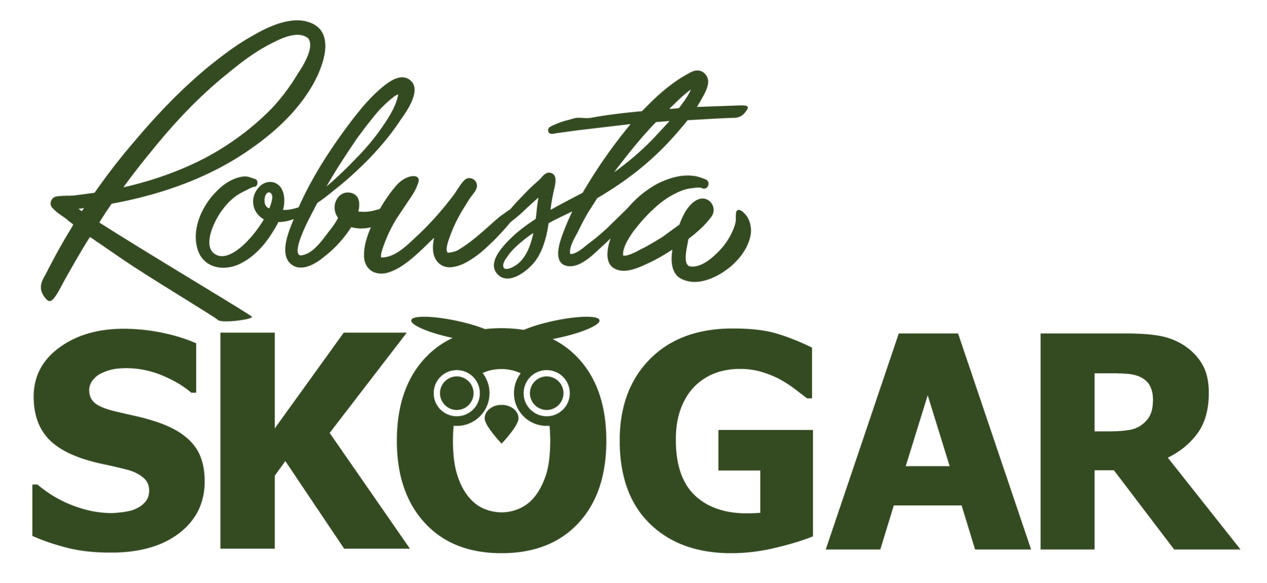 Logotyp med texten ”Robusta SKOGAR” i mörkgrönt på svart bakgrund; ”Robusta” i handskriven stil ovanför stora versaler. Bokstaven Ö är utformad som ett uggleansikte med två vita ögon och liten näbb.