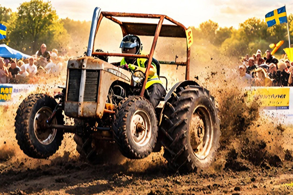 Förare i hjälm och neonväst kör en modifierad traktor i lerigt race, med framhjulen lyfta när den sladdar och sprutar jord. Publik står bakom avspärrningar, och svenska flaggor vajar runt banan.