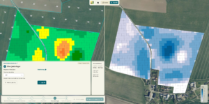 Split-screen farm mapping interface showing two gridded field prescription maps: left in green-yellow-orange and right in blue-white. Bottom panel reads “Giva-justeringar” with total rate 300 ton and summary: 29 ha, total 313 ton, 0–28 ton/ha.