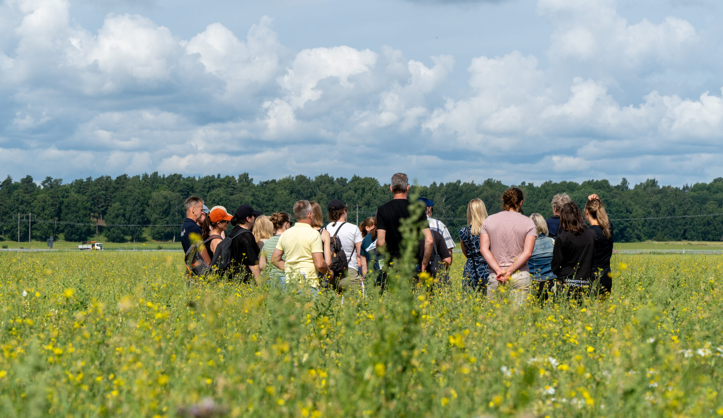 Grupp människor står samlade i en blommande äng och lyssnar mot en talare utanför bild. I bakgrunden syns skogsridå och stor, molnig himmel; text nere till höger: ”LÄNSSTYRELSEN UPPSALA LÄN”.