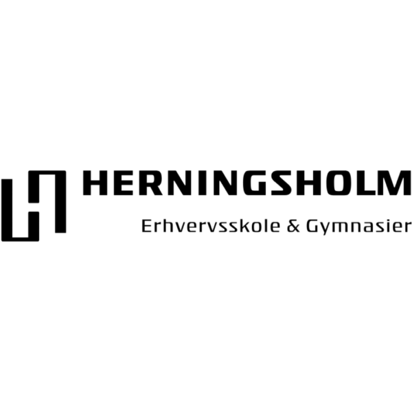 Svartvit logotyp med en stiliserad symbol till vänster och texten ”HERNINGSHOLM” i versaler. Under står ”Erhvervsskole & Gymnasier”, placerat på vit bakgrund som skolans grafiska identitet.