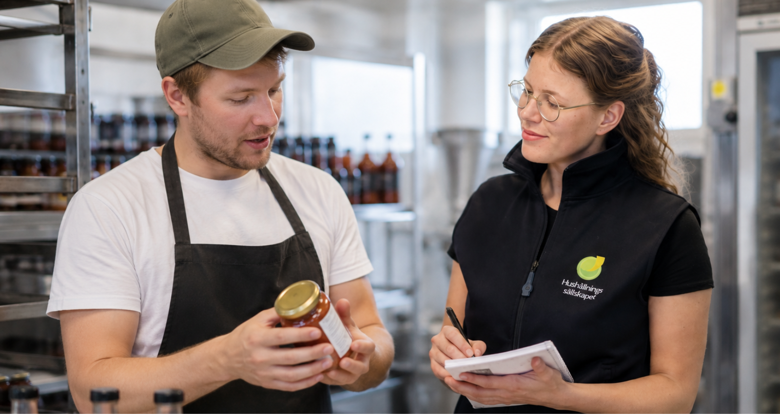 Man i keps och förkläde visar en burk med innehållsetikett och pratar med kvinna som antecknar. De står i en livsmedelslokal med hyllor och flaskor i bakgrunden. Text på väst: ”Hushållningssällskapet”.