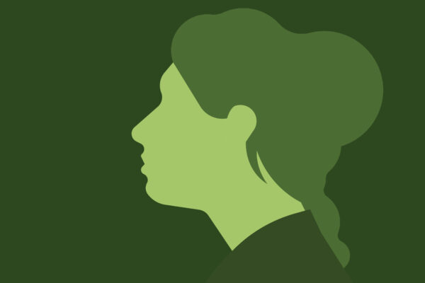 Stiliserad siluett av en person i profil som tittar åt vänster, med uppsatt hår och markerad haka och näsa. Illustrationen är i gröna nyanser mot en mörkgrön bakgrund och saknar text.