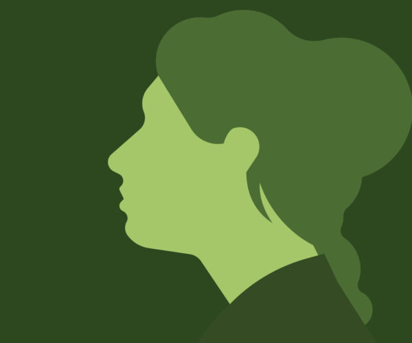 Stiliserad siluett av en person i profil som tittar åt vänster, med uppsatt hår och markerad haka och näsa. Illustrationen är i gröna nyanser mot en mörkgrön bakgrund och saknar text.