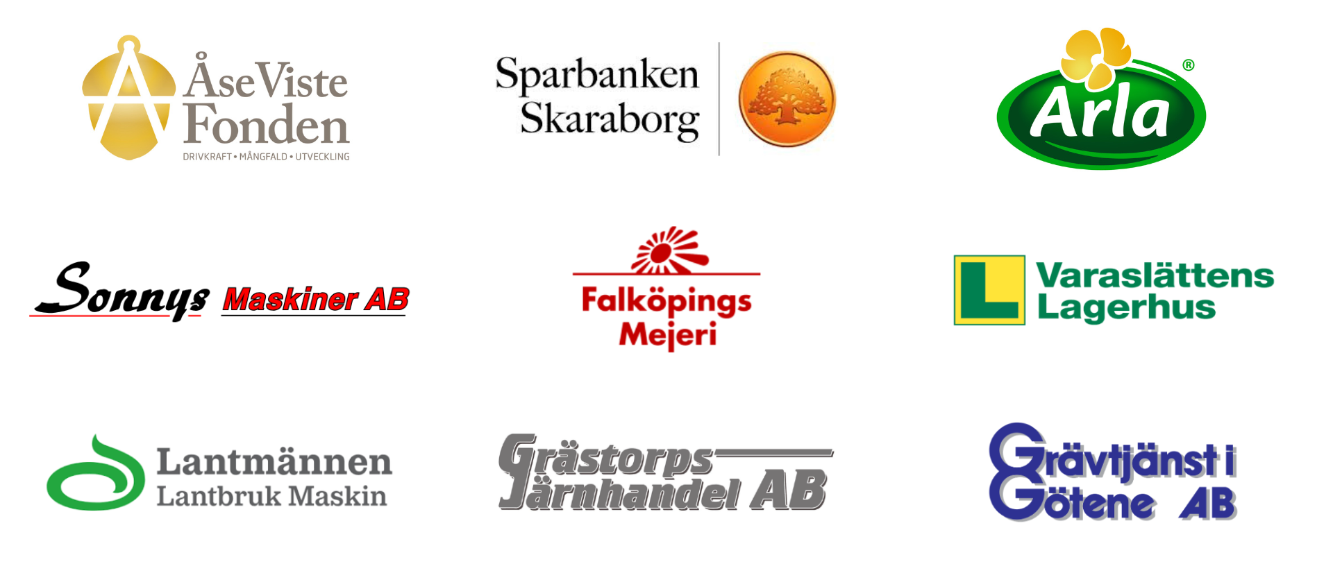 Sponsorsida som visar flera logotyper på vit bakgrund: Åse Viste Fonden (”Drivkraft • Mångfald • Utveckling”), Sparbanken Skaraborg, Arla, Sonnys Maskiner AB, Falköpings Mejeri, Varaslättens Lagerhus, Lantmännen Lantbruk Maskin, Grästorp Järnhandel AB och Grävtjänst i Götene AB.